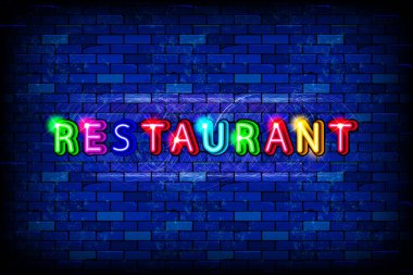 Neon işareti bir tuğla duvara - Restoran.
