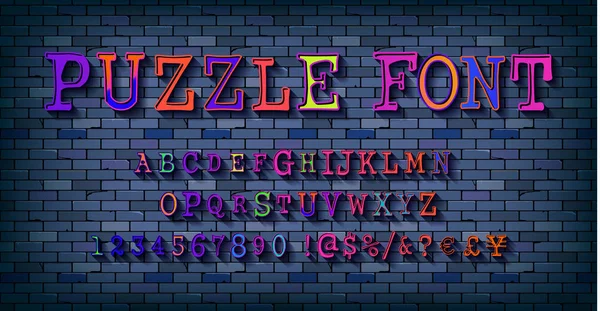 Puzzel lettertype, puzzel alfabet en cijfers — Stockvector