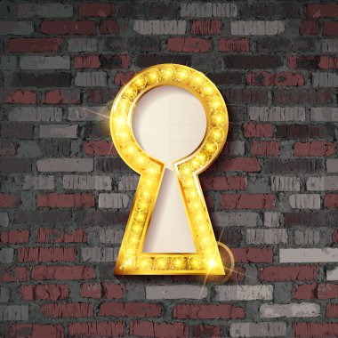 Eski tuğla duvar arka planda altın anahtar deliği.