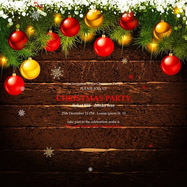 Einladung Einer Weihnachtsfeier Auf Historischem Holzgrund Eingerahmt Von Wunderschönem Weihnachtsschmuck — Stockvektor