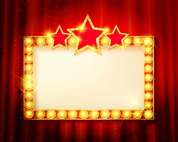 红色剧场窗帘和带有灯具的空白框架 展示或音乐会横幅模板矢量 纺织品或织物 大厅装饰和框架 — 图库矢量图片