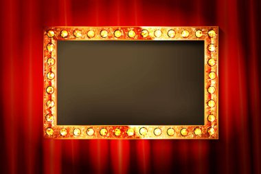 Kırmızı perdede ampulleri olan boş altın çerçeve. Metnin için. Vektör illüstrasyonu.