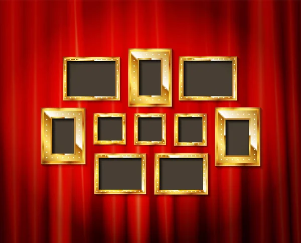 红色窗帘和深色背景的金相框 矢量说明 — 图库矢量图片