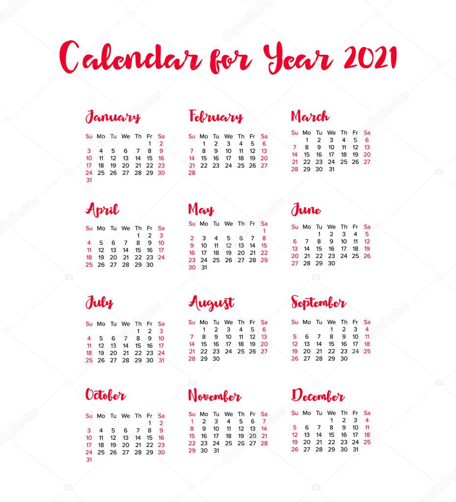 Vector calendar for 2021 year. Day planner the scheduler in this minimalist for print on a white background.