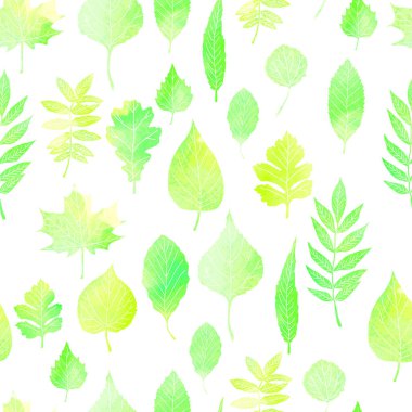 Soyut yeşil yaprakları olan, suluboya çizgileri olan, elle çizilmiş doğal arkaplanı olan vektörsüz desen.