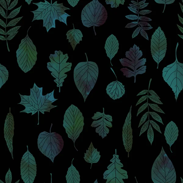 Illustration Aquarelle Motif Feuilles Vertes Sur Fond Noir — Image vectorielle