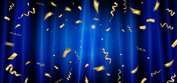 金のコンフェッティと流れ星と青のカーテン ベクターイラスト — ストックベクタ