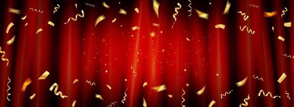 Röd Gardin Med Guldkonfetti Och Stjärnfall Vektorillustration — Stock vektor