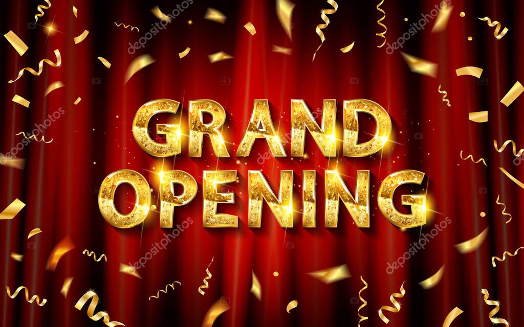 Grand opening logo. Golden foil confetti and glitter gold logo with flourishes ornamental elements on a red curtain background. Vector illustration.