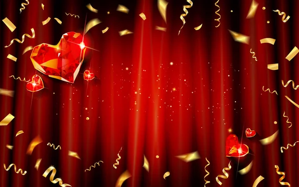 Rood Gordijn Met Gouden Confetti Harten Mooie Achtergrond Voor Bruiloft — Stockvector