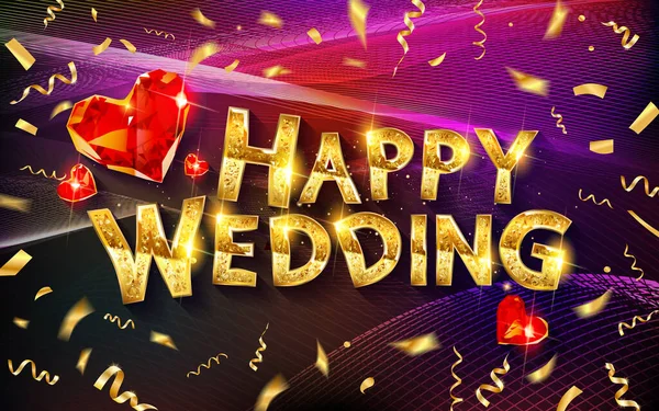 Glad Bröllop Gratulationskort Guldbokstäver Mot Röd Gardin Guldkonfetti Och Vackra — Stock vektor