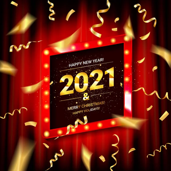Gouden Inscriptie Gelukkig Nieuwjaar 2021 Wenskaart Achtergrond Van Een Rood — Stockvector