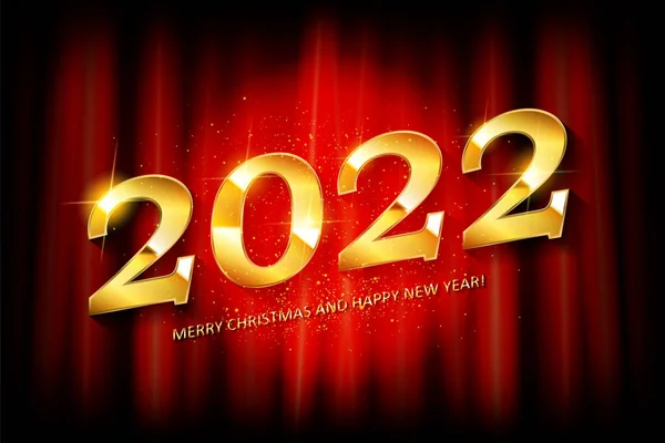 Zlatý Nápis Šťastný Nový Rok2022 Pozdrav Pozadí Červeného Závěsu Vektorová — Stockový vektor