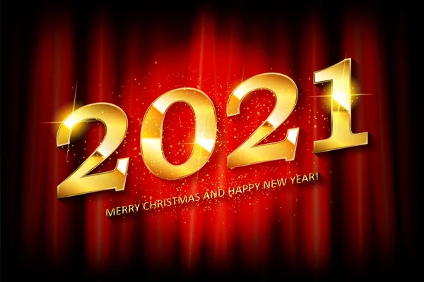 Zlatý Nápis Šťastný Nový Rok2021 Pozdrav Pozadí Červeného Závěsu Vektorová — Stockový vektor