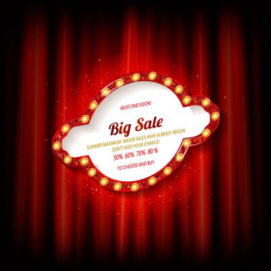 Spot ışıklarıyla aydınlatılmış Retro sinema ya da tiyatro çerçevesi. Kırmızı perde arkaplanında işaret var. Klasik Hollywood filminin gala işaretleri vektör şablonu