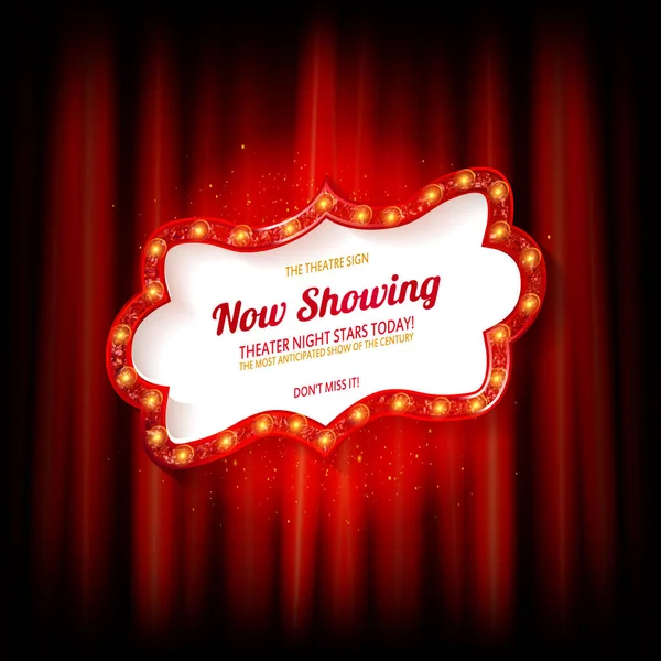 Retro Cinema Theater Frame Illuminated Spotlight Now Showing Sign Red — Stock Vector