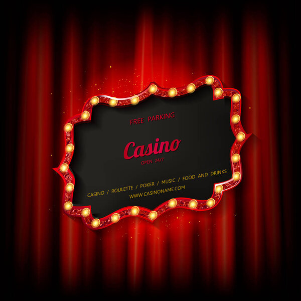 Retro cinema or theater frame illuminated by spotlight. Now showing sign on red curtain backdrop. Vintage Hollywood movie premiere signs vector template