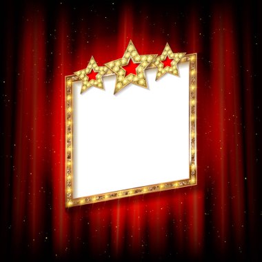 Spot ışıklarıyla aydınlatılmış Retro sinema ya da tiyatro çerçevesi. Kırmızı perde arkaplanında işaret var. Klasik Hollywood filminin gala işaretleri vektör şablonu