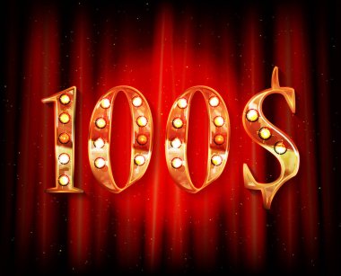 100 dolarlık fiyat sembolü. Kırmızı bir perdenin arka planında altın bir metin numarası var. Vektör illüstrasyonu