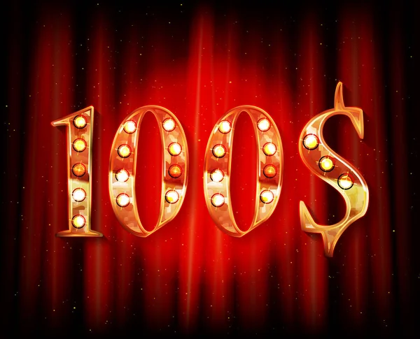 100ドルの価格記号 赤いカーテンの背景に金のテキスト番号 ベクターイラスト — ストックベクタ