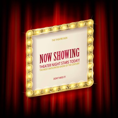 Kırmızı tiyatro ya da sinema perdesine karşı ampul çerçevesi. Metnin için boş boşluğu olan Parlak İmza Panosu. Vektör İllüstrasyonu