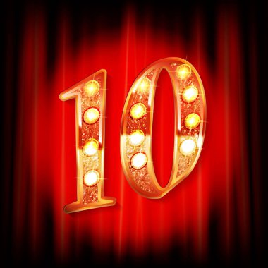 10. yıl dönümünü kutlayan, kırmızı perde arkaplanındaki logotip altın rengi, tebrik kartı ve davetiye kartı için vektör tasarımı