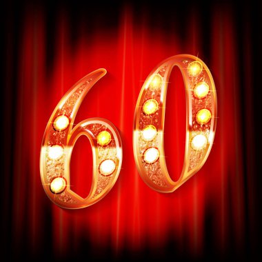 Gerçekçi Kırmızı Perdede Parlayan Altın Renkli 60. Yıldönümü Logosu, Kutlama Kartı, Poster ve Davetiye Tasarımı.