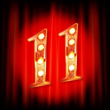 Kırmızı perdenin arkasında 11 numara altın var. Tebrik kartı şablonu. Vektör illüstrasyonu