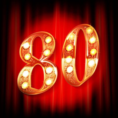 Gerçekçi Kırmızı Perdede Parlayan Altın Renkli 80. Yıldönümü Logosu, Kutlama Kartı, Poster ve Davetiye Tasarımı