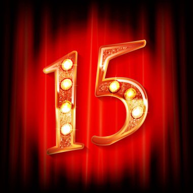 Kırmızı perdenin arkasında 15 altın numara var. Tebrik kartı şablonu. Vektör illüstrasyonu