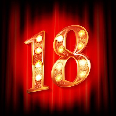 Kırmızı perdenin arkasında 18 tane altın numara var. Tebrik kartı şablonu. Vektör illüstrasyonu