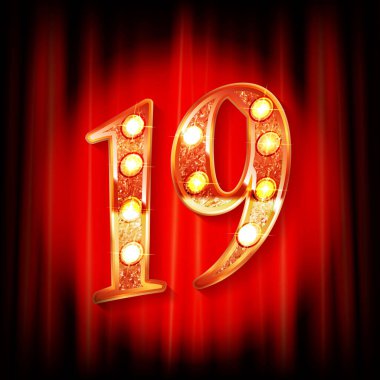 Kırmızı bir perdenin arkasında 19 numara altın. Tebrik kartı şablonu. Vektör illüstrasyonu