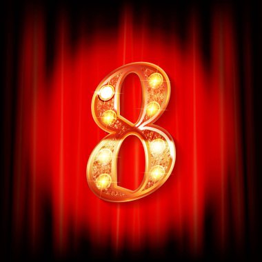 Kırmızı perdenin arkasında 8 numara altın var. Tebrik kartı şablonu. Vektör illüstrasyonu