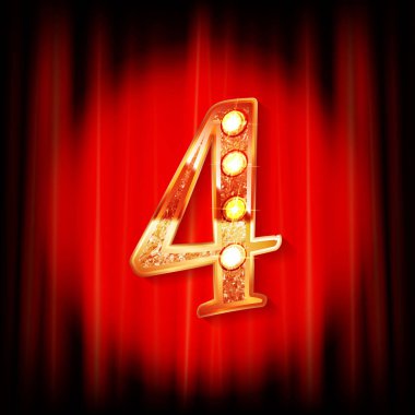 Kırmızı perdenin arkasında 4 altın numara var. Tebrik kartı şablonu. Vektör illüstrasyonu