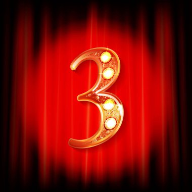 Kırmızı bir perdenin arkasında 3 altın numara var. Tebrik kartı şablonu. Vektör illüstrasyonu