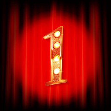 Kırmızı perdenin arkasında altın numaralar var. Tebrik kartı şablonu. Vektör illüstrasyonu