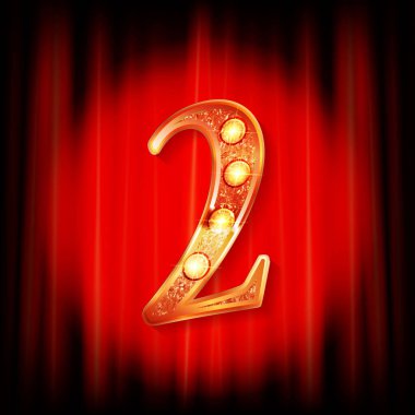 Kırmızı perdenin arkasında iki altın numara var. Tebrik kartı şablonu. Vektör illüstrasyonu