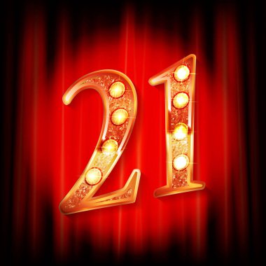 Kırmızı perdenin arkasında 21 altın numara var. Tebrik kartı şablonu. Vektör illüstrasyonu