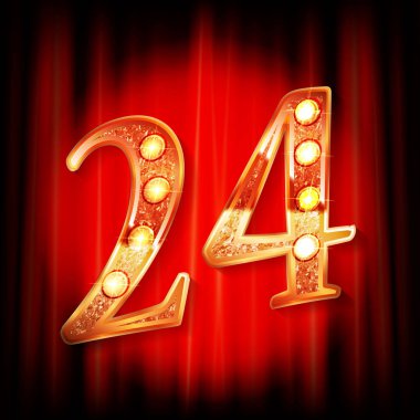Kırmızı perdenin arkasında 24 altın numara var. Tebrik kartı şablonu. Vektör illüstrasyonu