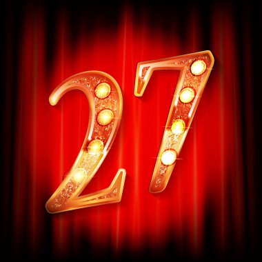 Kırmızı bir perdenin arkasında 27 altın numara var. Tebrik kartı şablonu. Vektör illüstrasyonu