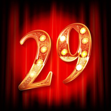 Kırmızı bir perdenin arkasında 29 altın numara var. Tebrik kartı şablonu. Vektör illüstrasyonu
