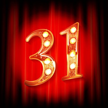 Kırmızı perdenin arkasında 31 numara altın var. Tebrik kartı şablonu. Vektör illüstrasyonu