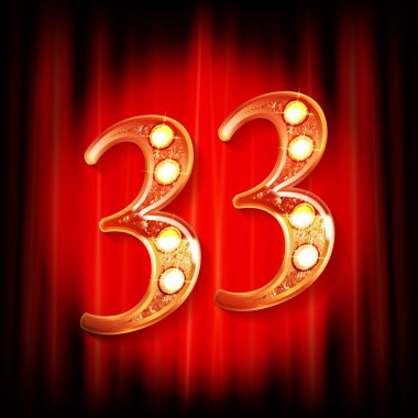 Kırmızı bir perdenin arkasında 33 altın numara var. Tebrik kartı şablonu. Vektör illüstrasyonu