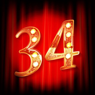 Kırmızı perdenin arkasında 34 numara altın var. Tebrik kartı şablonu. Vektör illüstrasyonu