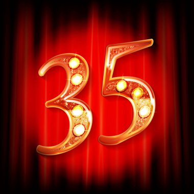Kırmızı perdenin arkasında 35 numara altın var. Tebrik kartı şablonu. Vektör illüstrasyonu