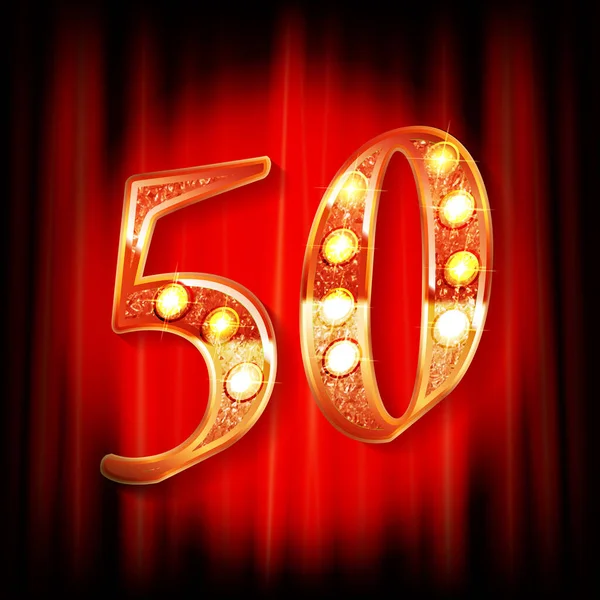 Kırmızı perdenin arkasında 50 altın numara var. Grafik tasarımı için tebrik kartı şablonu. Vektör illüstrasyonu