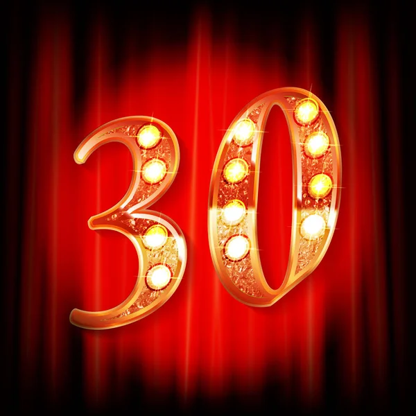 レッドカーテンの背景に隔離された黄金のマルチリニア番号と30周年記念ロゴタイプ ベクターイラスト — ストックベクタ