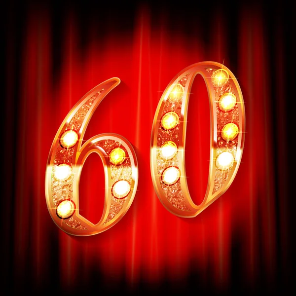 Gerçekçi Kırmızı Perdede Parlayan Altın Renkli 60. Yıldönümü Logosu, Kutlama Kartı, Poster ve Davetiye Tasarımı.