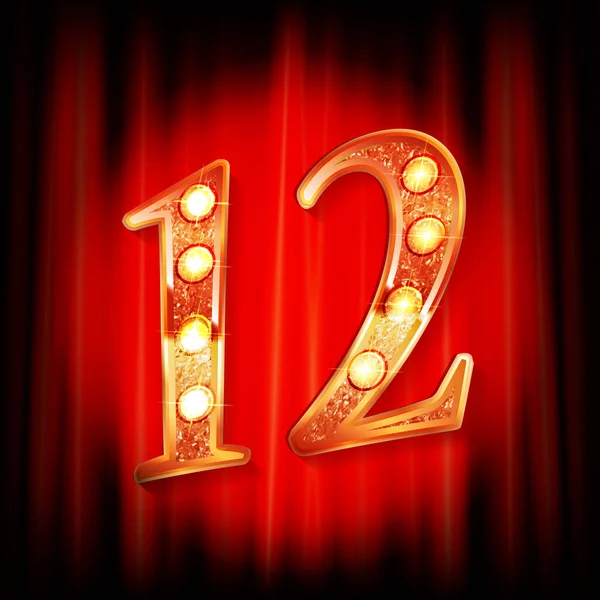 Kırmızı bir perdenin arkasında 12 altın numara var. Tebrik kartı şablonu. Vektör illüstrasyonu