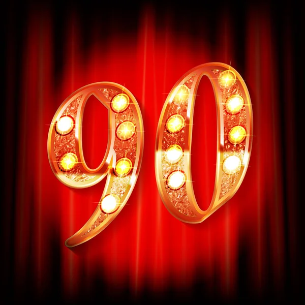 Gerçekçi Kırmızı Perdede Parlayan Altın Renkli 90. Yıldönümü Logosu, Kutlama Kartı, Poster ve Davetiye Tasarımı